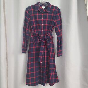 J Crew Factory Sz 4 Navy Red Plaid Button Down Waist Tie Preppy Shirt Dress
